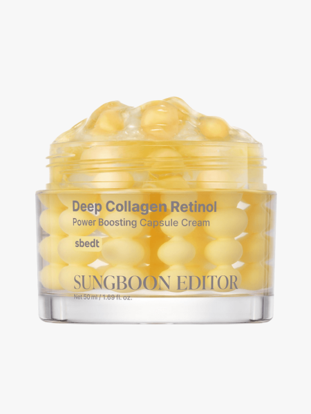 Sungboon Editor Deep Collagen Retinol Power Boosting Capsule Cream in branded component on a light greay background